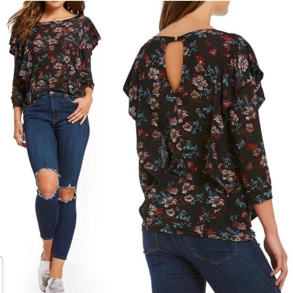 Free People Dock Street Sheer Knit Blouse Black/Red 3/4 Sleeve, Ruffled Size M